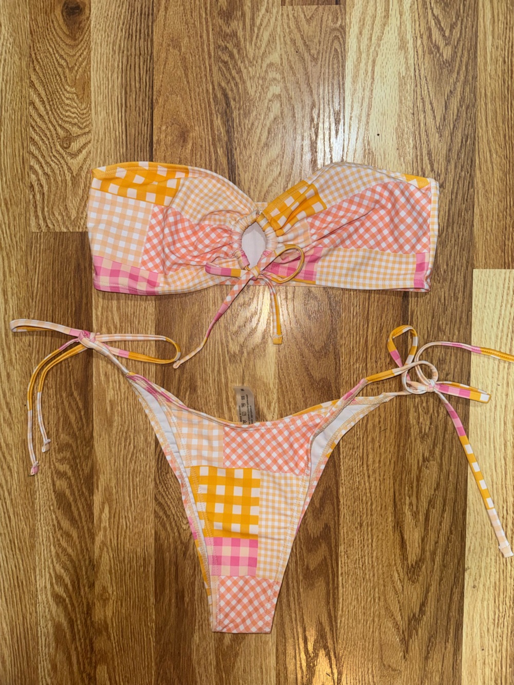 SHEIN Pink Yellow Orange Patchwork Gingham Bandeau Tie Bikini
